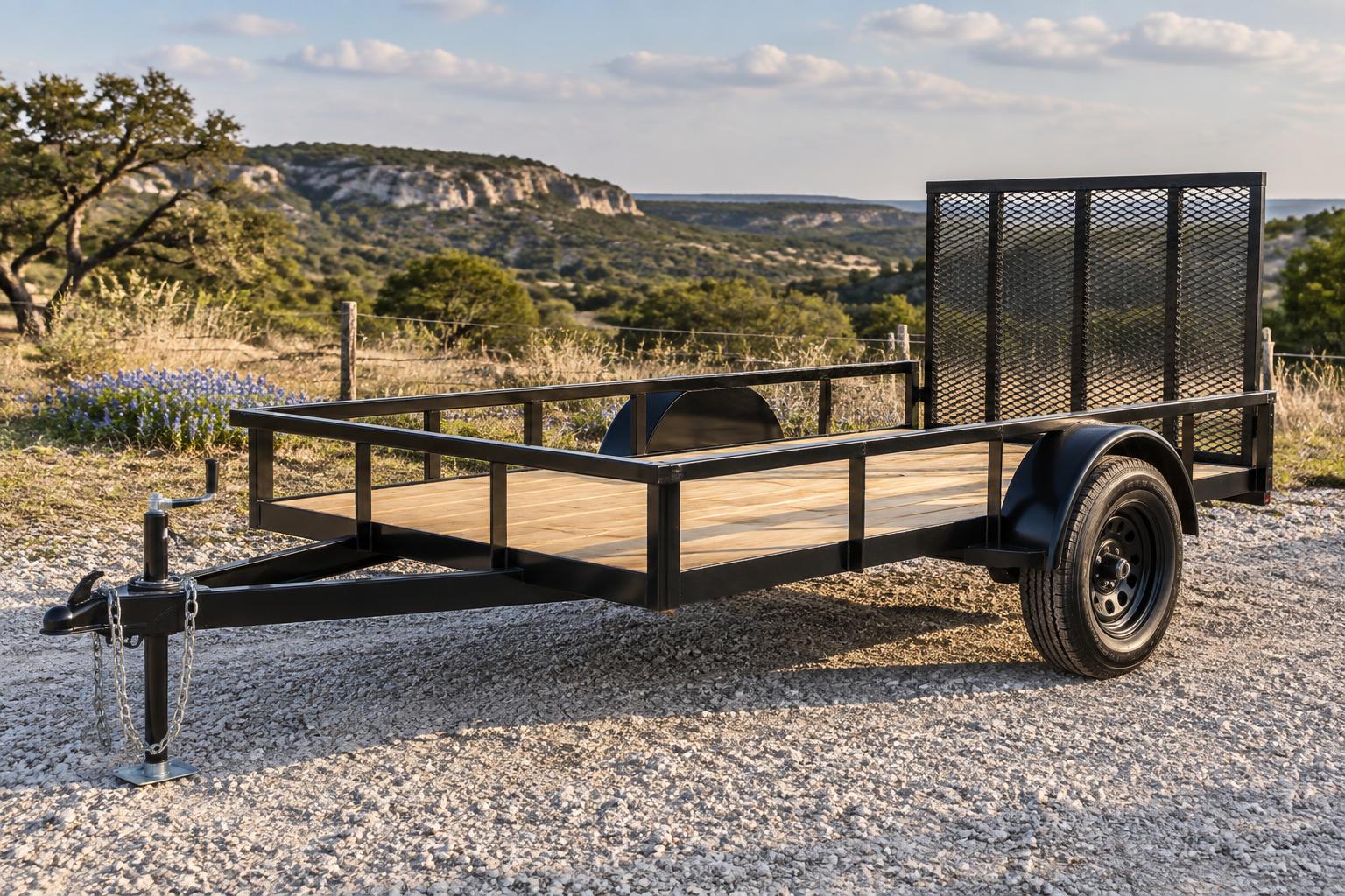 Clean 5 by 10 foot single-axle utility trailer with two wheels and rear mesh gate on a Hill Country gravel drive