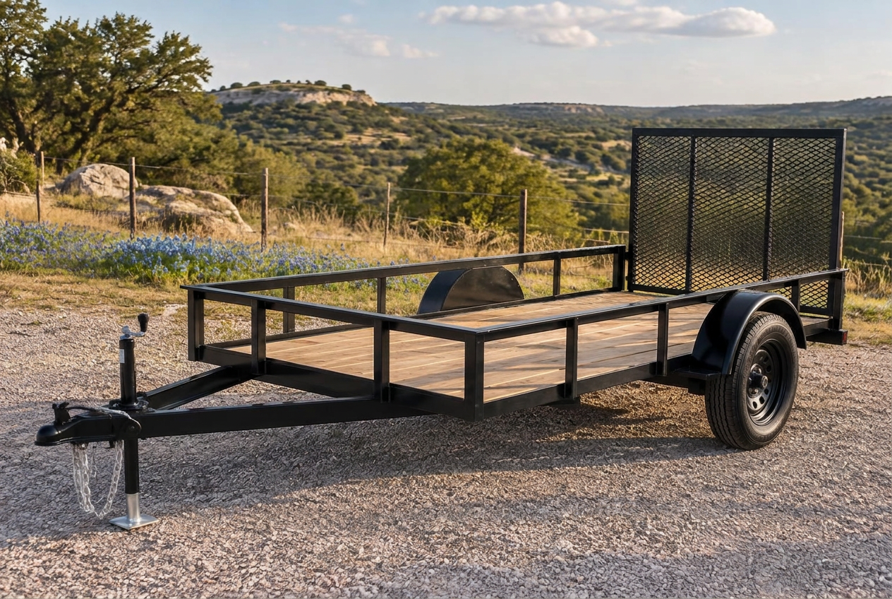 Clean 6 foot 4 inch by 12 foot single-axle utility trailer with one rear mesh gate in the Texas Hill Country