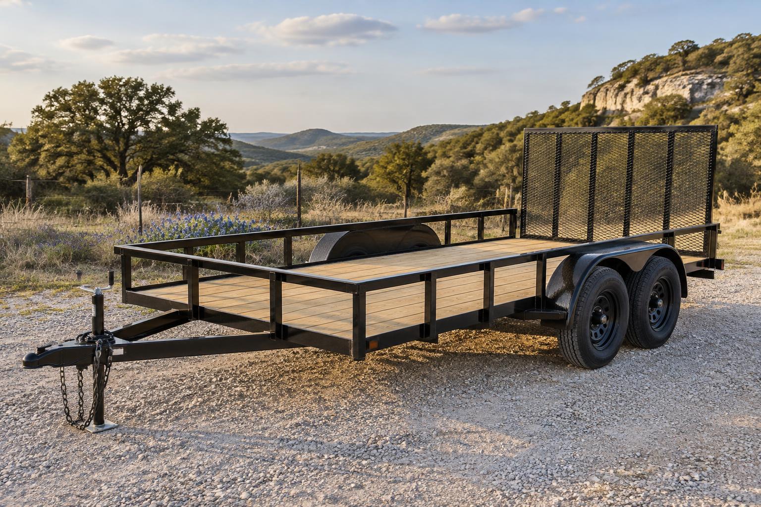 Clean 14 foot tandem-axle utility trailer with four wheels and rear mesh gate on a Texas Hill Country gravel drive
